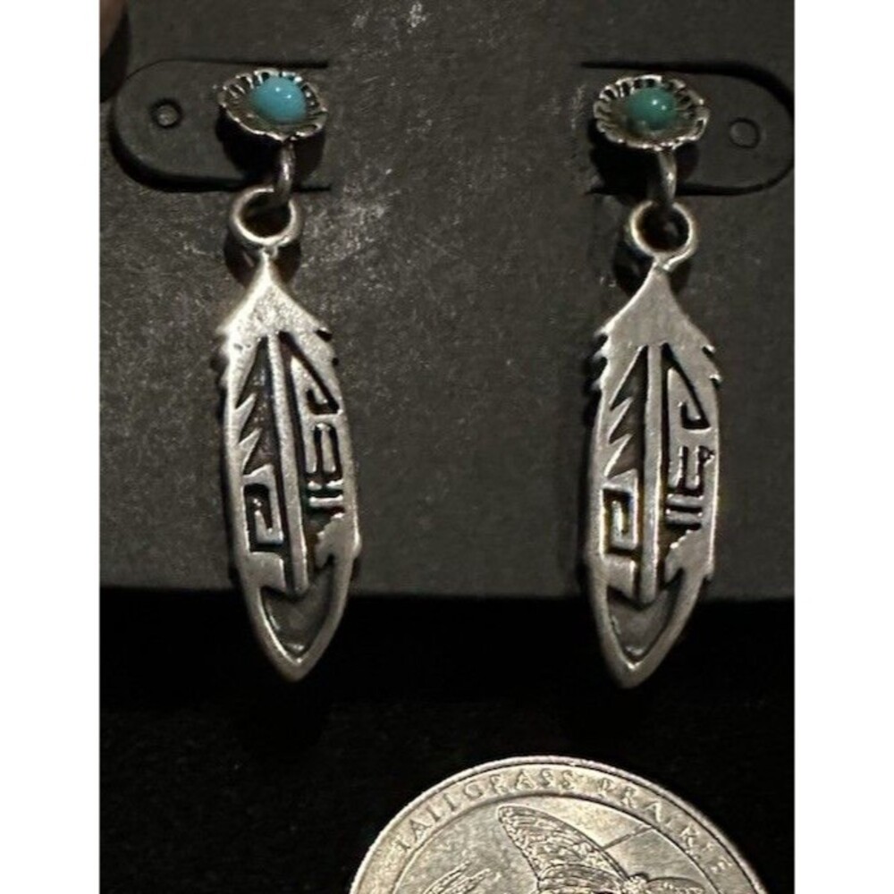 Artisan Native American Sterling Silver 925 Turquoise Earrings Embossed Feather